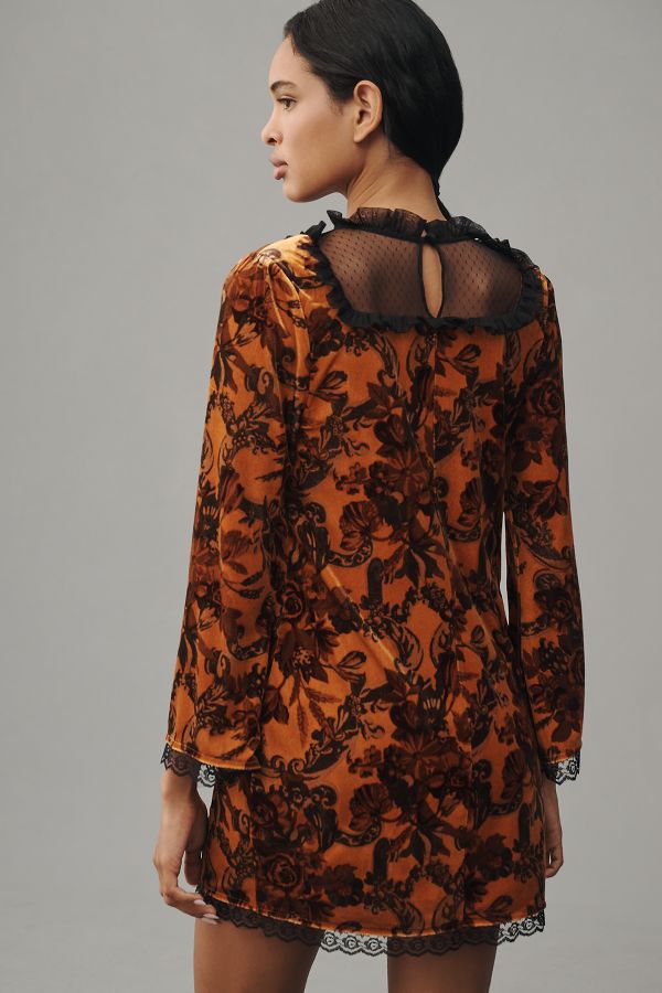 Slide View: 2: Maeve Long-Sleeve Mesh Velvet Mini Dress