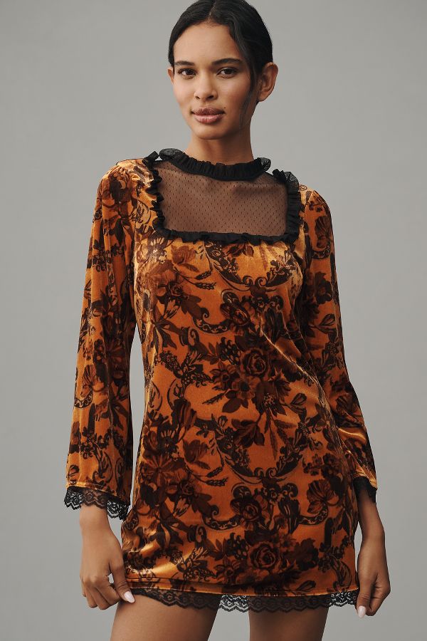 Slide View: 1: Maeve Long-Sleeve Mesh Velvet Mini Dress