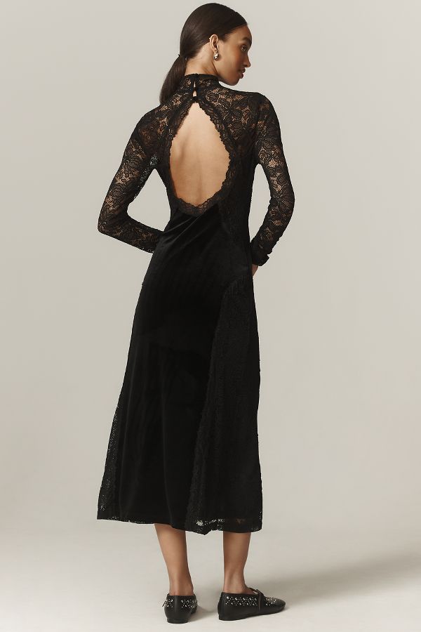 Slide View: 2: By Anthropologie Long-Sleeve Mock-Neck Lace Velvet Midi Slip Dress