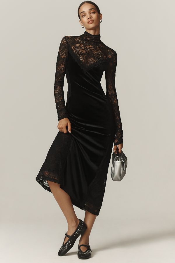 Slide View: 1: By Anthropologie Long-Sleeve Mock-Neck Lace Velvet Midi Slip Dress