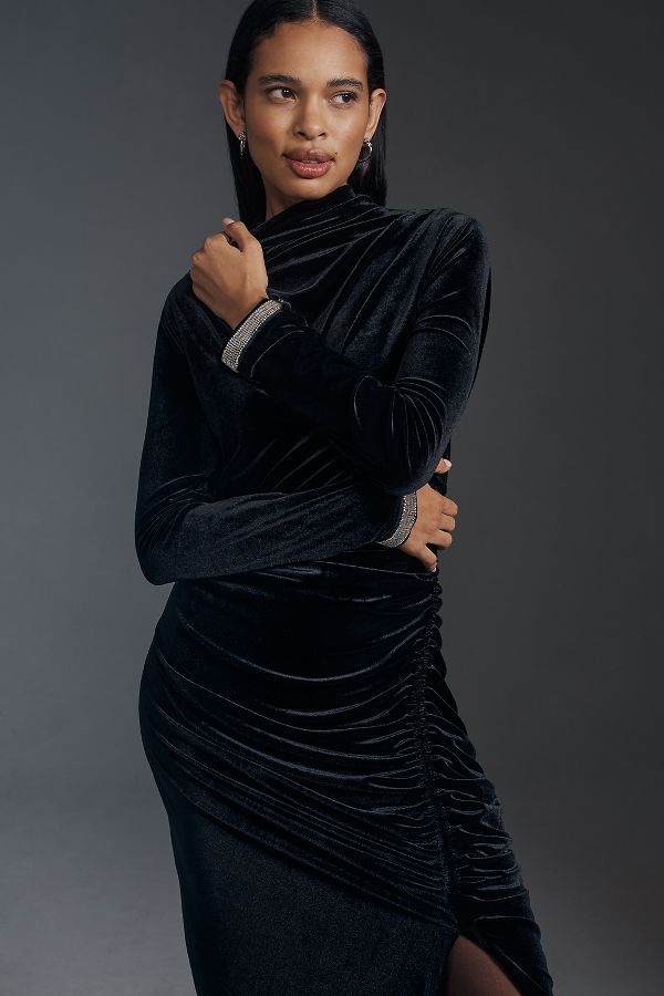 Slide View: 3: The Maya Ruched Cowl-Neck Dress: Velvet Long-Sleeve Edition