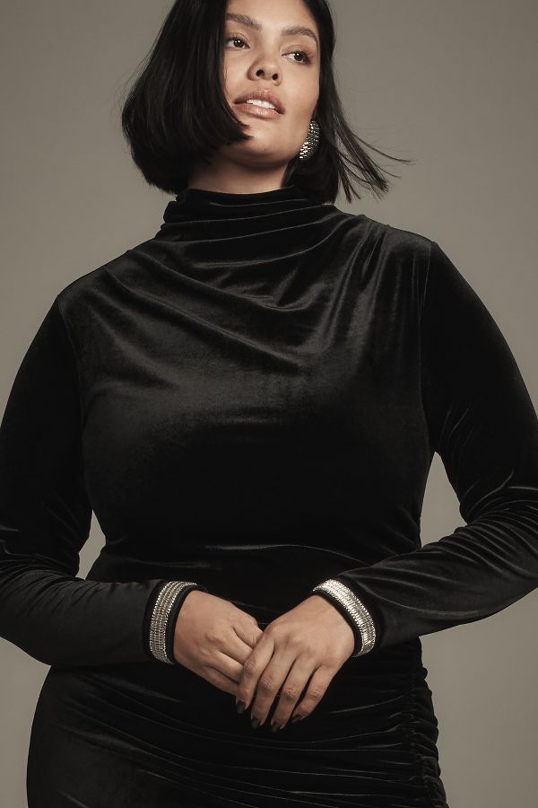 Slide View: 7: The Maya Ruched Cowl-Neck Dress: Velvet Long-Sleeve Edition