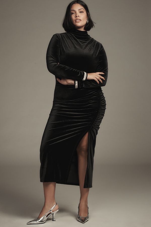 Slide View: 5: The Maya Ruched Cowl-Neck Dress: Velvet Long-Sleeve Edition