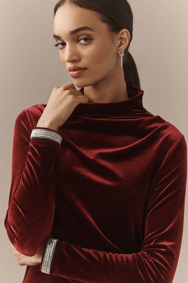 Slide View: 4: The Maya Ruched Cowl-Neck Dress: Velvet Long-Sleeve Edition