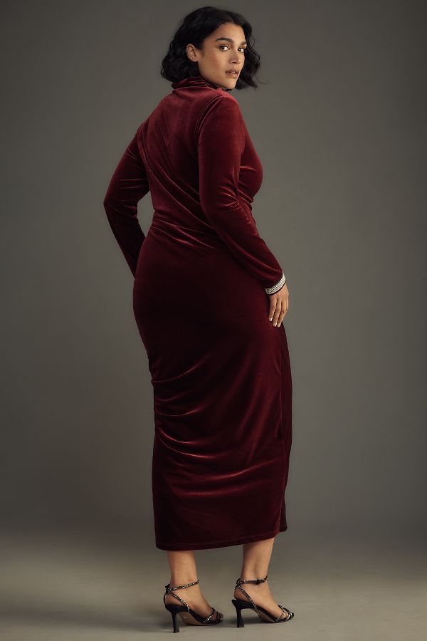 Slide View: 6: The Maya Ruched Cowl-Neck Dress: Velvet Long-Sleeve Edition