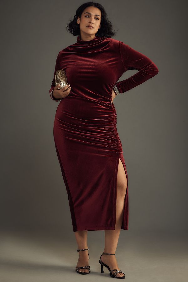 Slide View: 5: The Maya Ruched Cowl-Neck Dress: Velvet Long-Sleeve Edition