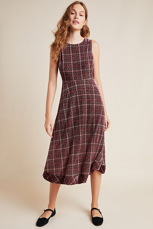 Slide View: 1: Romy Plaid Velvet Midi Dress