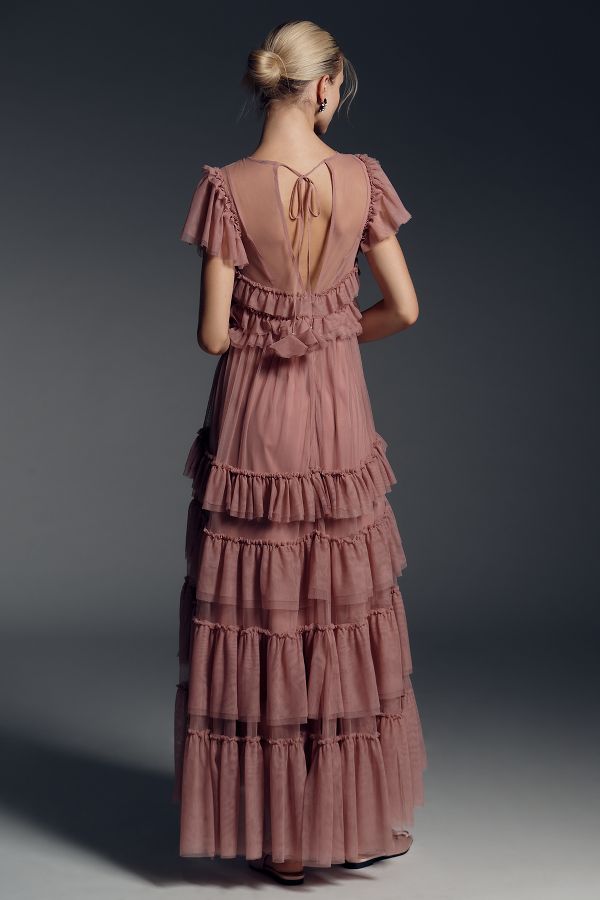 Slide View: 2: By Anthropologie Ruffle-Sleeve Tiered Tulle Midi Dress