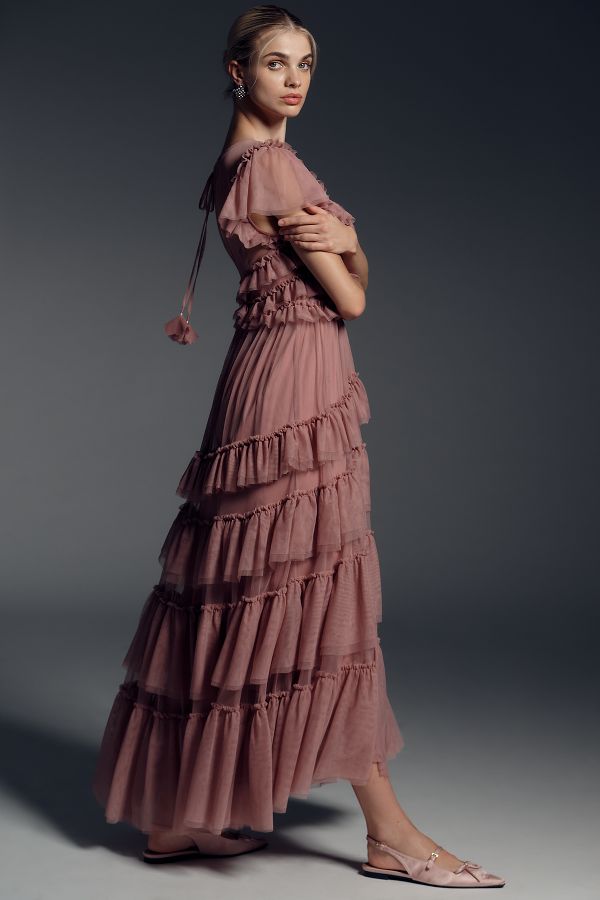 Slide View: 4: By Anthropologie Ruffle-Sleeve Tiered Tulle Midi Dress