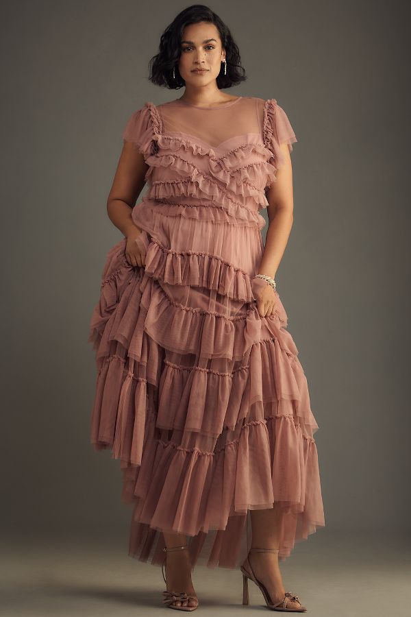 Slide View: 5: By Anthropologie Ruffle-Sleeve Tiered Tulle Midi Dress