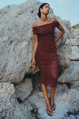 By Anthropologie Off-Shoulder Mesh Slim Midi Dress