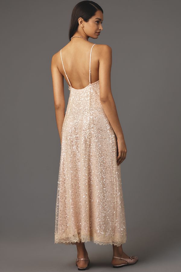 Slide View: 2: En Elly Sleeveless V-Neck Lace Sequin Slip Midi Dress