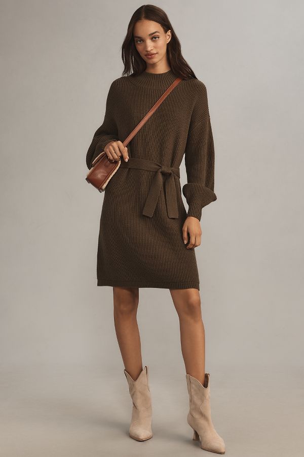 Slide View: 4: Maeve Long-Sleeve Mock-Neck Tie-Waist Mini Dress