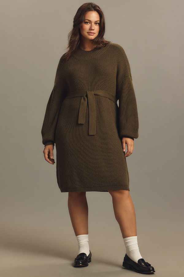 Slide View: 6: Maeve Long-Sleeve Mock-Neck Tie-Waist Mini Dress