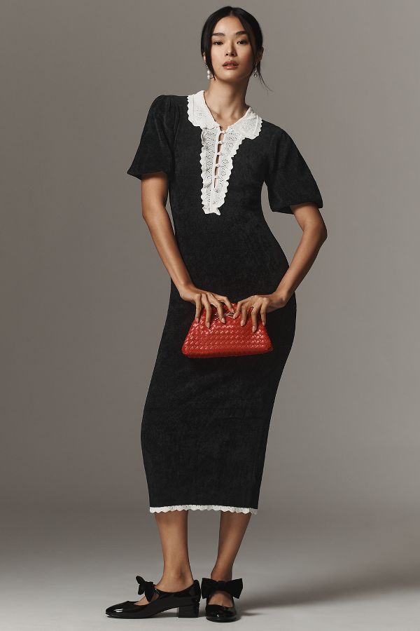 Slide View: 1: Maeve Short-Sleeve Collared Slim Midi Dress