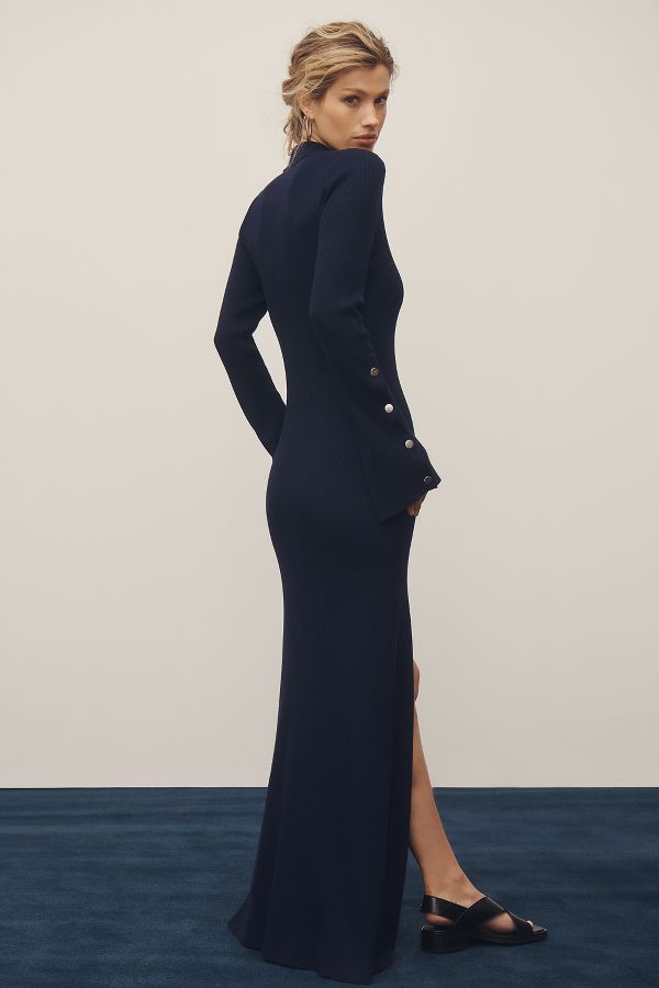 Slide View: 2: By Anthropologie Long-Sleeve V-Neck Snap-Front Knit Maxi Dress