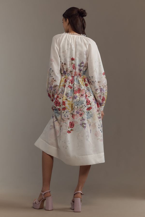 Slide View: 2: Let Me Be Long-Sleeve V-Neck Floral A-Line Midi Dress