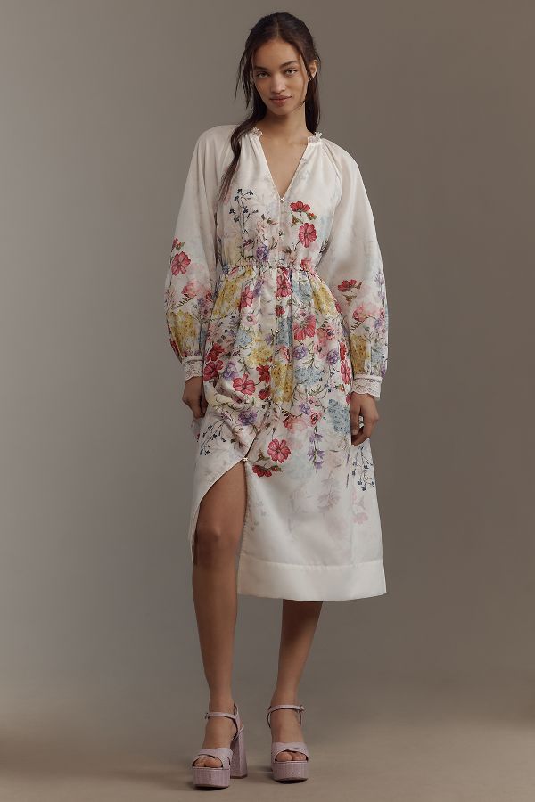 Slide View: 1: Let Me Be Long-Sleeve V-Neck Floral A-Line Midi Dress