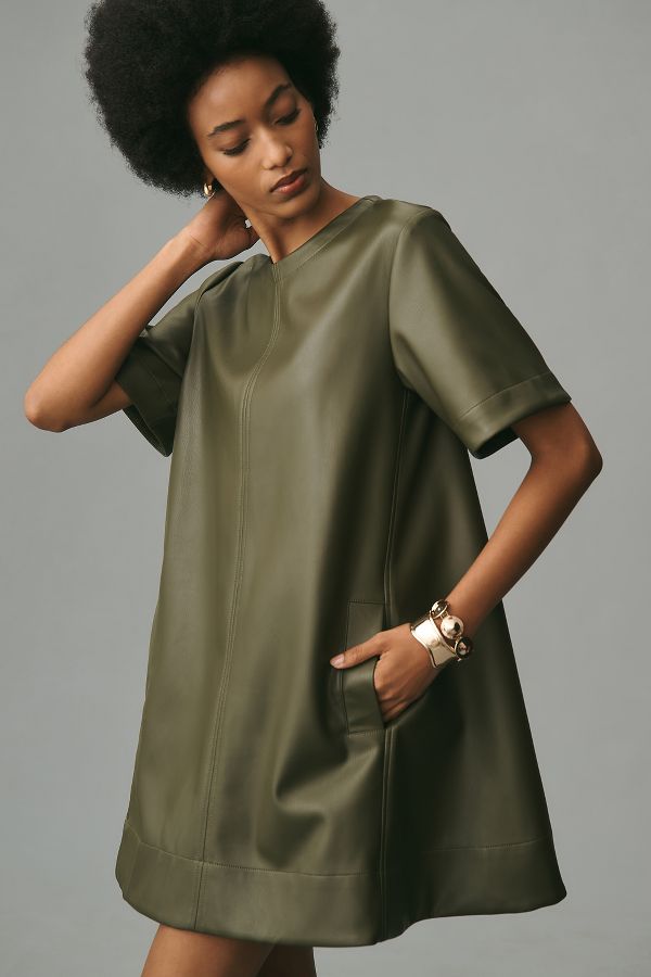 Slide View: 3: The Emmy Short-Sleeve Swing Mini Dress by Maeve: Faux-Leather Edition