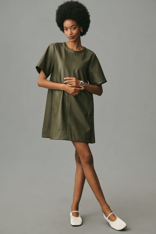 Slide View: 1: The Emmy Short-Sleeve Swing Mini Dress by Maeve: Faux-Leather Edition