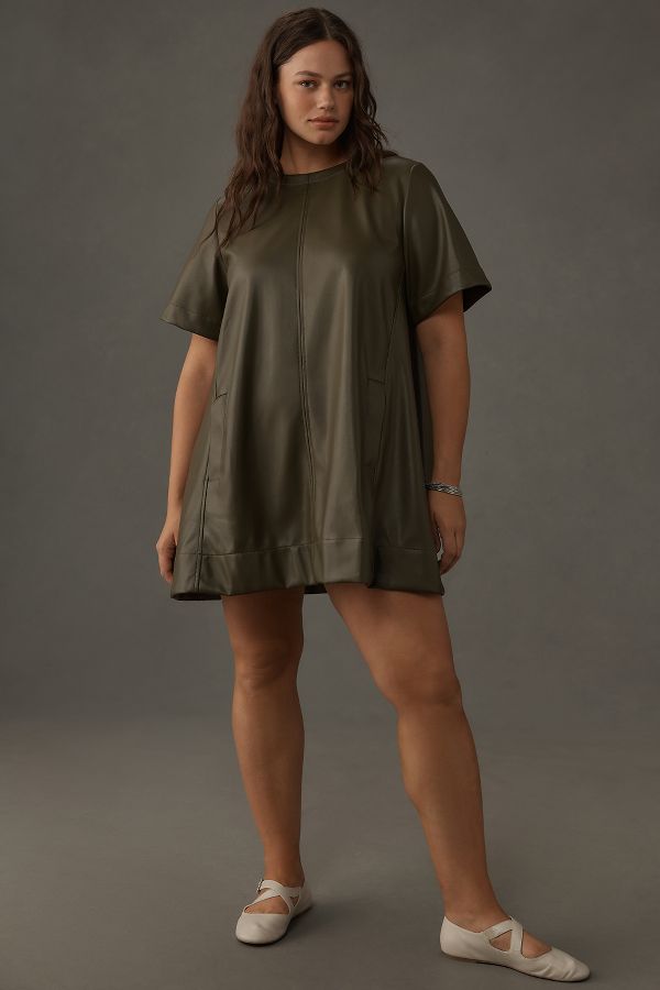 Slide View: 7: The Emmy Short-Sleeve Swing Mini Dress by Maeve: Faux-Leather Edition