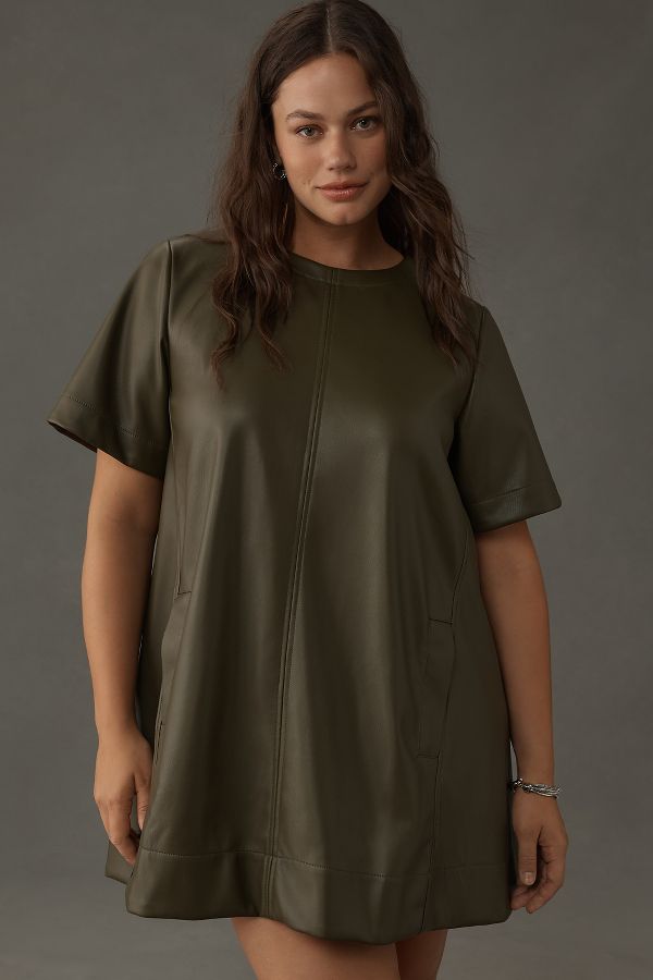 Slide View: 5: The Emmy Short-Sleeve Swing Mini Dress by Maeve: Faux-Leather Edition