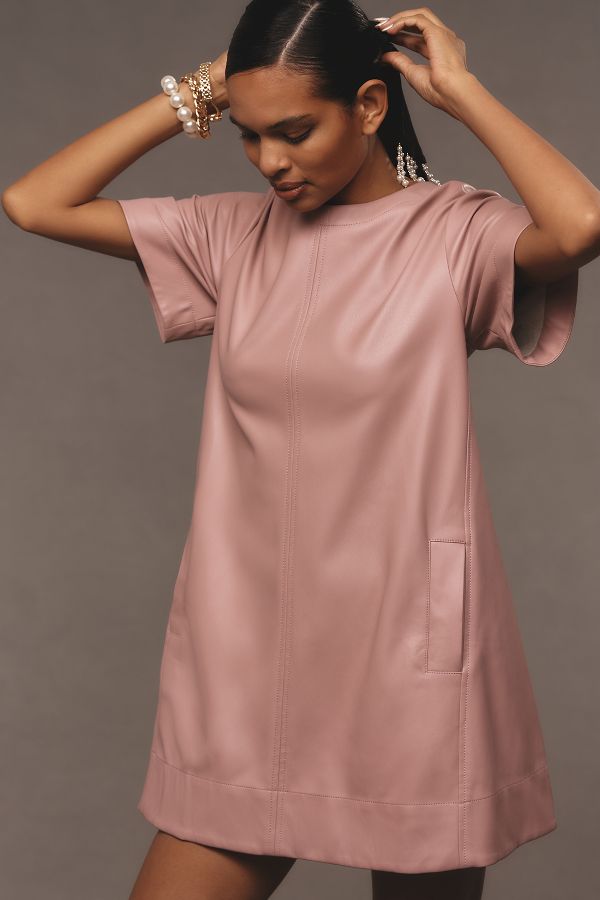 Slide View: 1: The Emmy Short-Sleeve Swing Mini Dress by Maeve: Faux-Leather Edition