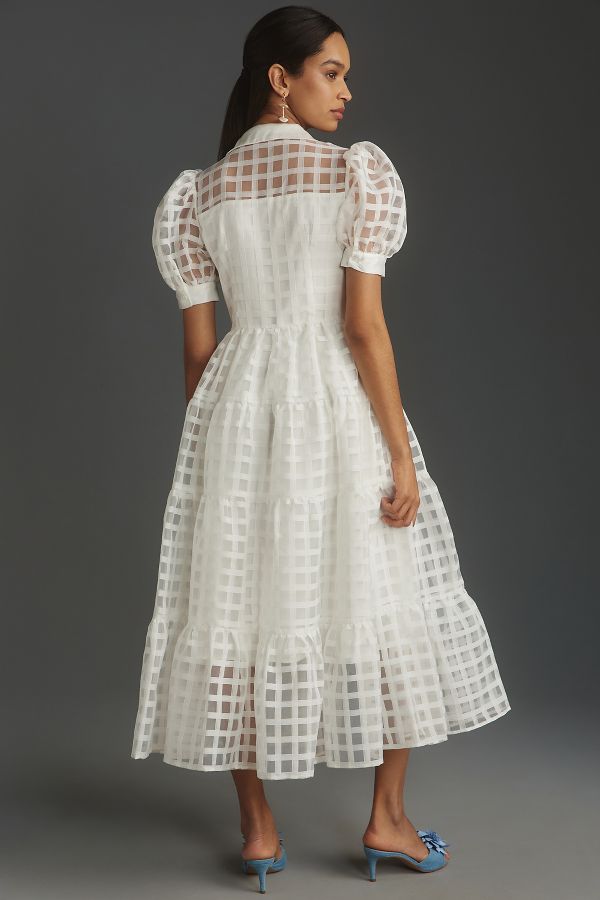 Slide View: 2: English Factory Organza Short-Sleeve Button-Front Midi Dress