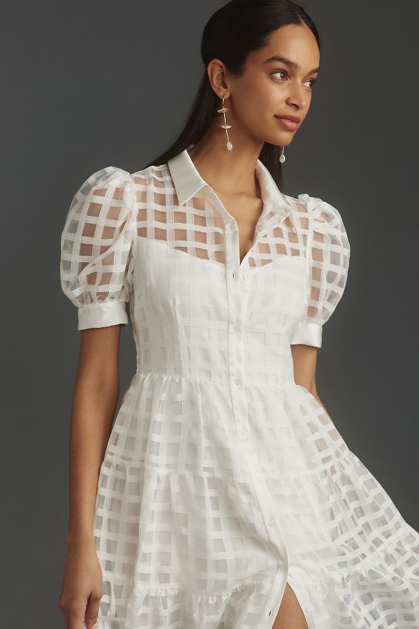 Slide View: 3: English Factory Organza Short-Sleeve Button-Front Midi Dress