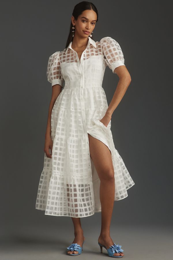 Slide View: 1: English Factory Organza Short-Sleeve Button-Front Midi Dress