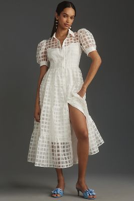 English Factory Organza Short-Sleeve Button-Front Midi Dress