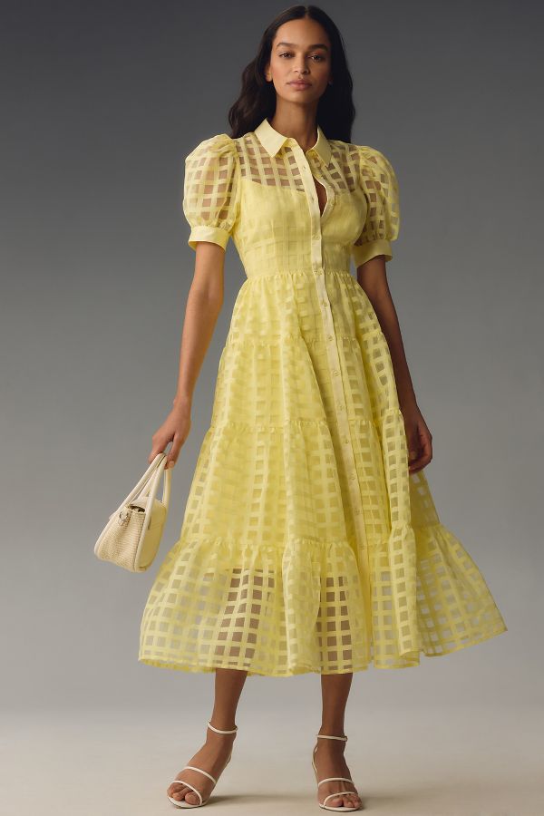 Slide View: 1: English Factory Organza Short-Sleeve Button-Front Midi Dress