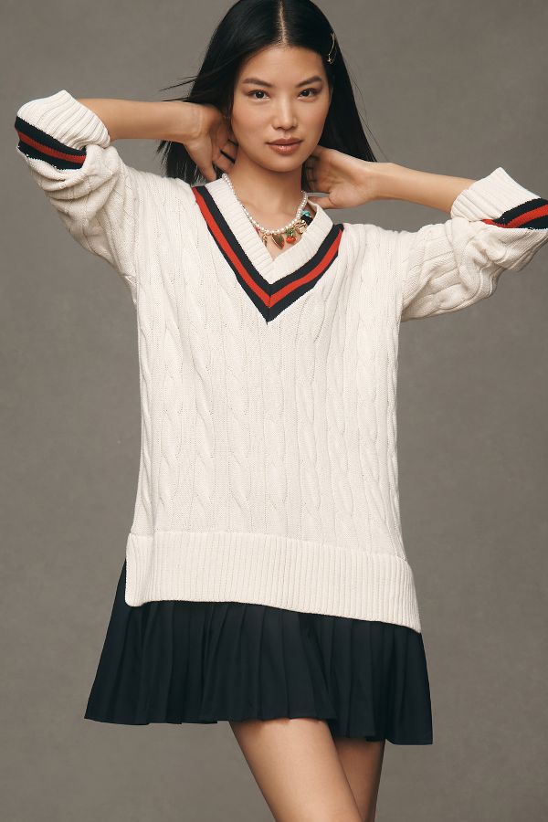 Slide View: 1: English Factory Pleated Twofer Sweater Mini Dress