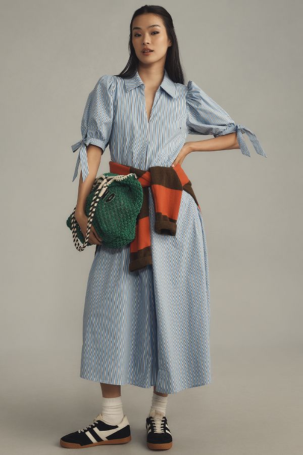 Slide View: 1: English Factory Puff-Sleeve A-Line Midi Shirt Dress