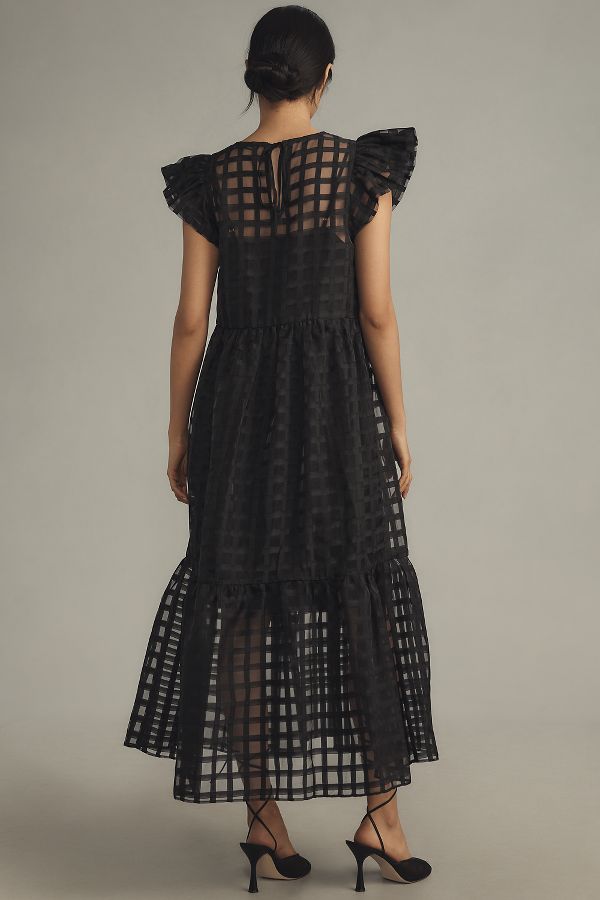 Slide View: 2: English Factory Flutter-Sleeve Sheer Gridded Midi Dress