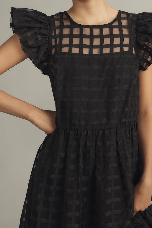 Slide View: 3: English Factory Flutter-Sleeve Sheer Gridded Midi Dress