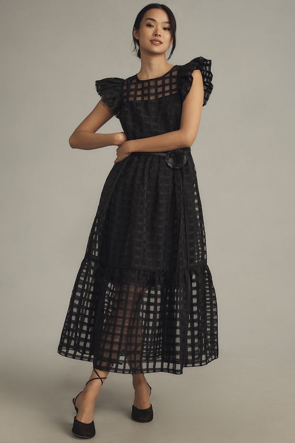 Slide View: 1: English Factory Flutter-Sleeve Sheer Gridded Midi Dress