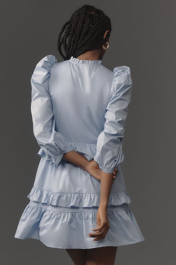 Slide View: 2: English Factory Puff-Sleeve Smocked Ruffled Mini Dress