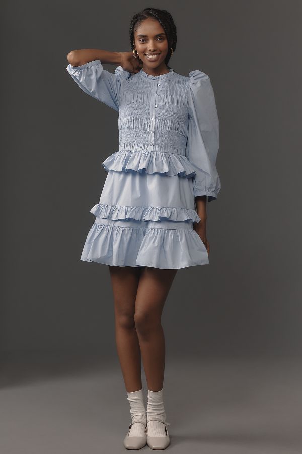 Slide View: 3: English Factory Puff-Sleeve Smocked Ruffled Mini Dress