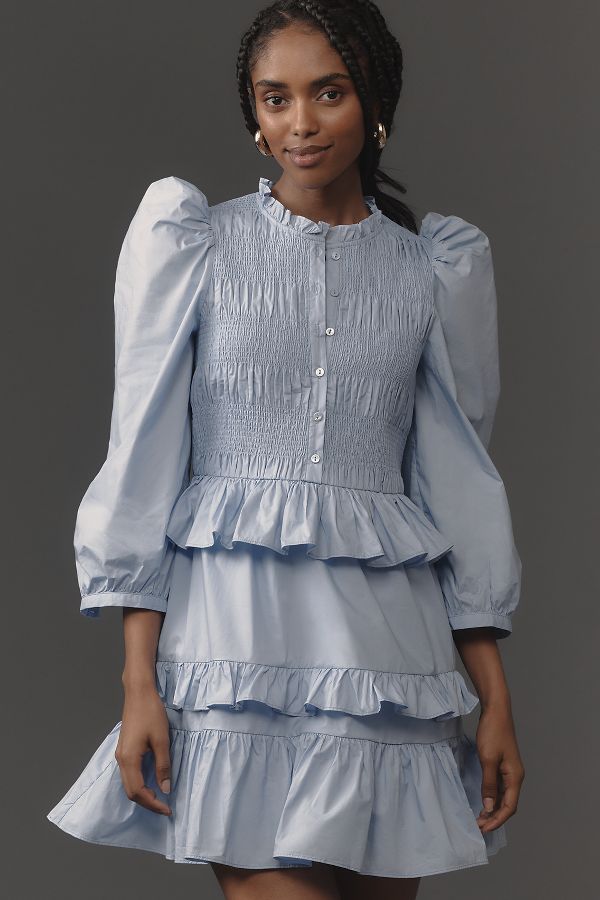 Slide View: 1: English Factory Puff-Sleeve Smocked Ruffled Mini Dress