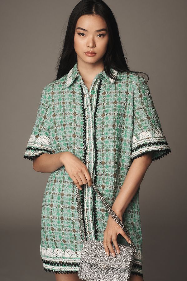 Slide View: 1: English Factory Short-Sleeve Beaded Mini Shirt Dress