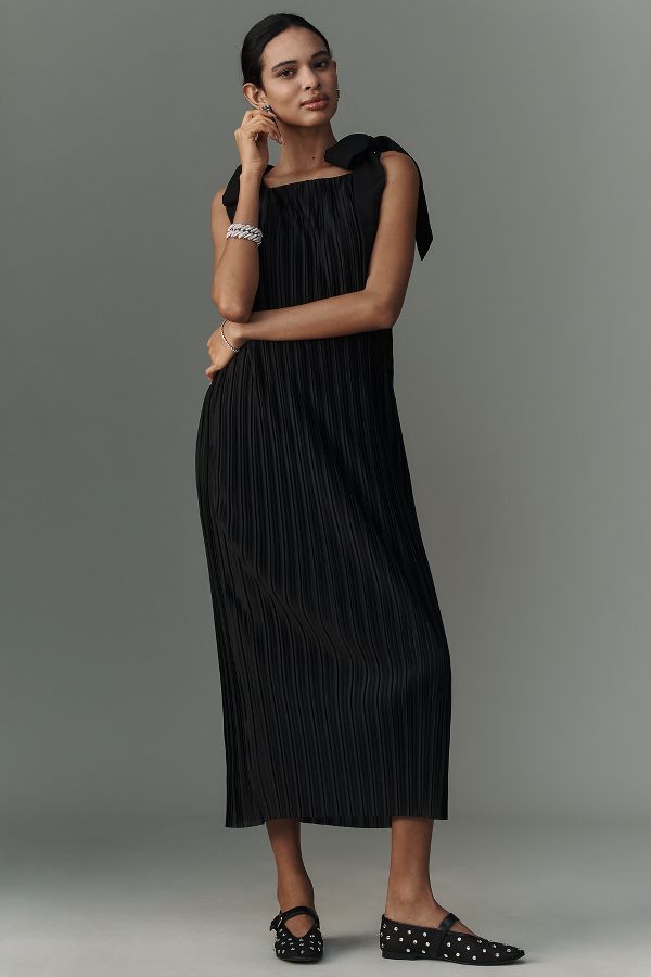 Slide View: 1: English Factory Tie-Strap Pleated Midi Dress