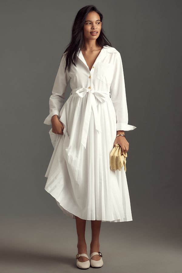 Slide View: 1: English Factory Long-Sleeve Pleated A-Line Midi Shirt Dress