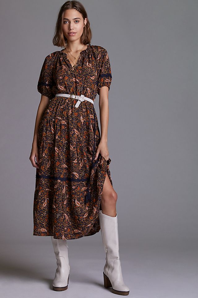 Floral Puff-Sleeved Midi Dress | Anthropologie