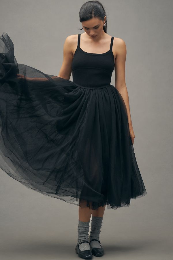 Slide View: 2: Moon River Sleeveless Tulle Twofer Midi Dress