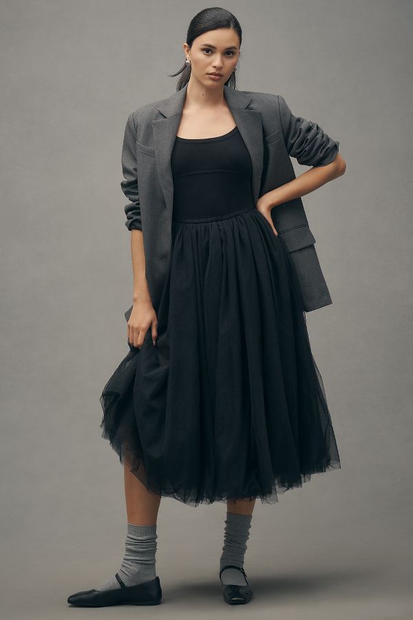 Slide View: 1: Moon River Sleeveless Tulle Twofer Midi Dress