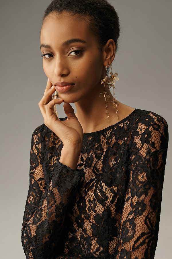 Slide View: 2: WAYF Long-Sleeve Boat-Neck Lace Midi Dress