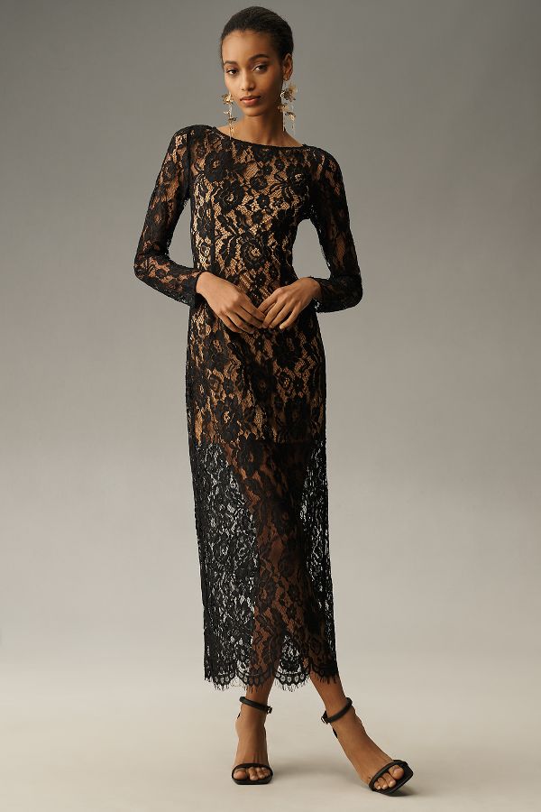 Slide View: 1: WAYF Long-Sleeve Boat-Neck Lace Midi Dress