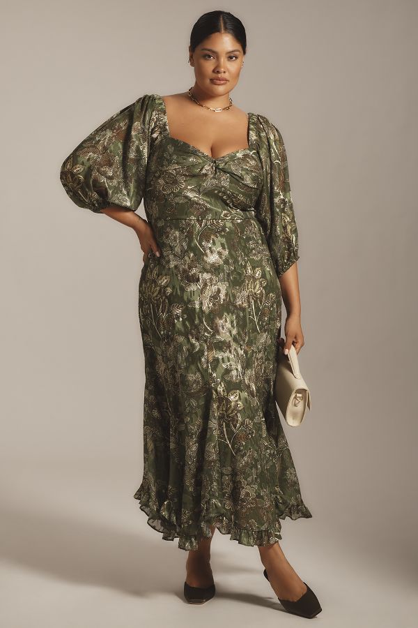 Slide View: 1: Hutch Printed Twist-Front Puff-Sleeve Ruffle-Hem Dress