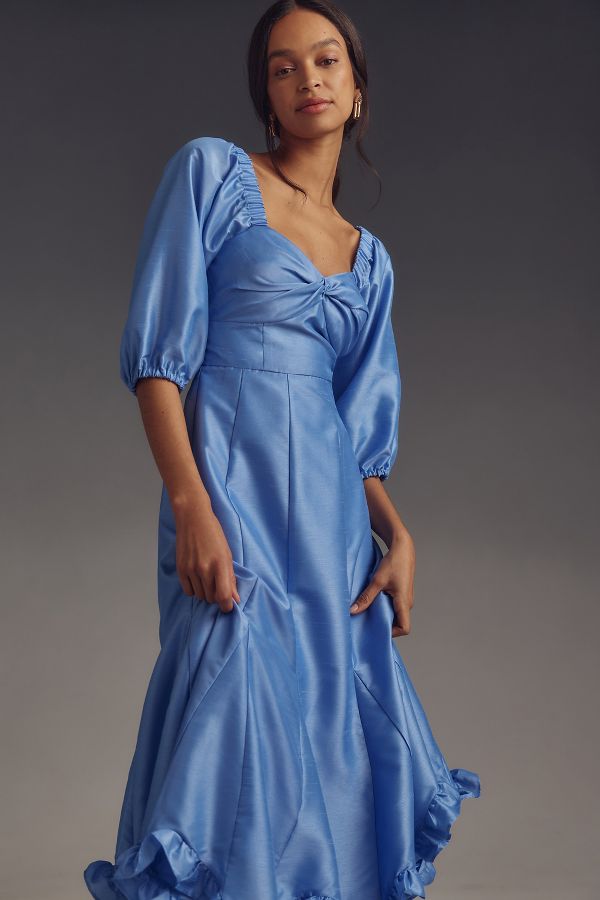 Slide View: 2: Hutch Printed Twist-Front Puff-Sleeve Ruffle-Hem Midi Dress